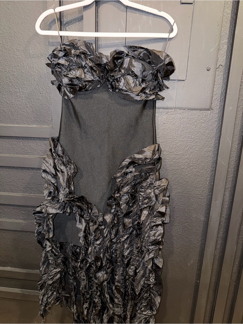 Strapless Black Ruffled Evening Dress